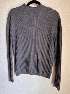 100% Merino Wool  J. Ferrar  Classic Ribbed Mock Neck Sweater M Gray Old Money